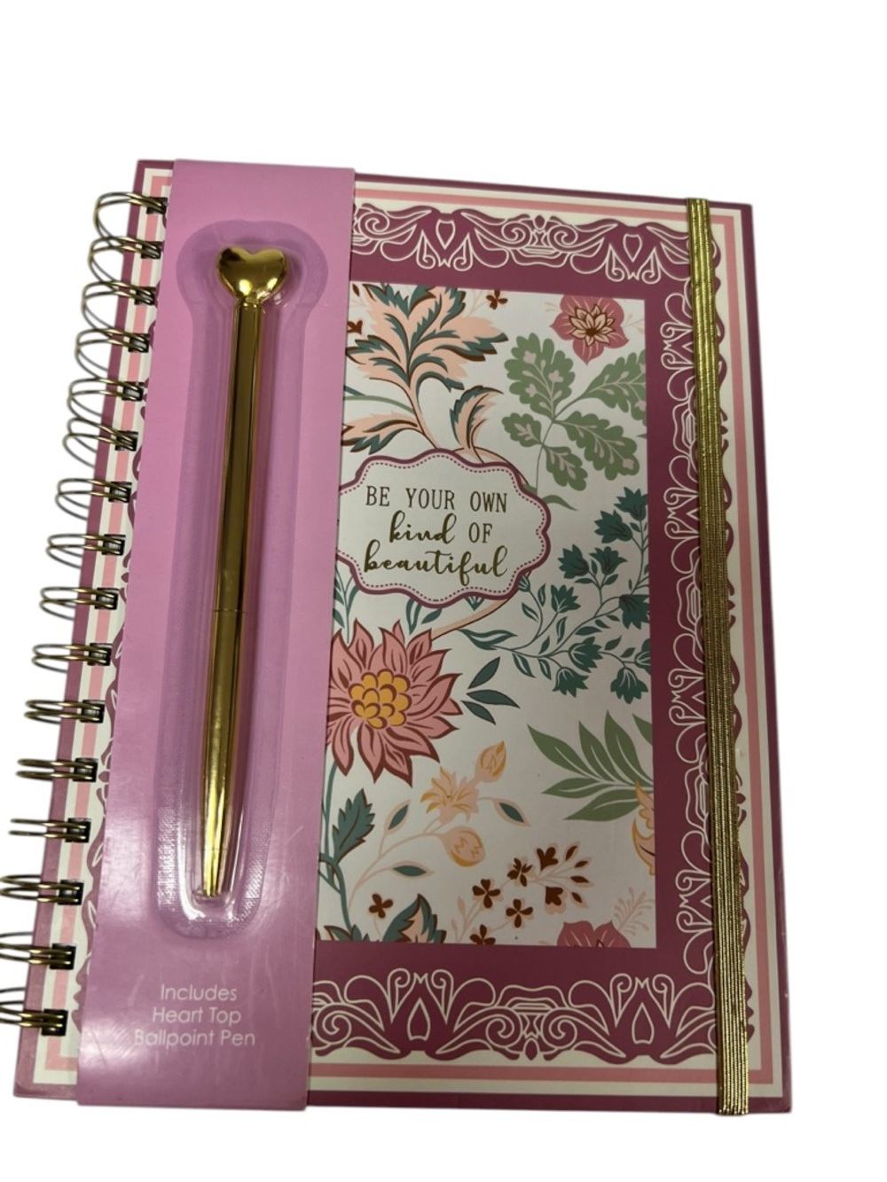 Pink Floral Spiral Notebook with Gold Heart Pen